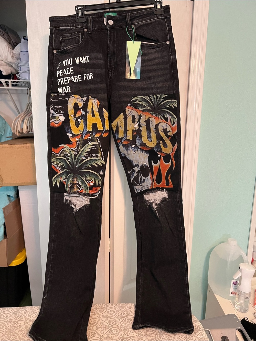 Black Graphic Skinny Men’s Jeans with Campus Palm Print